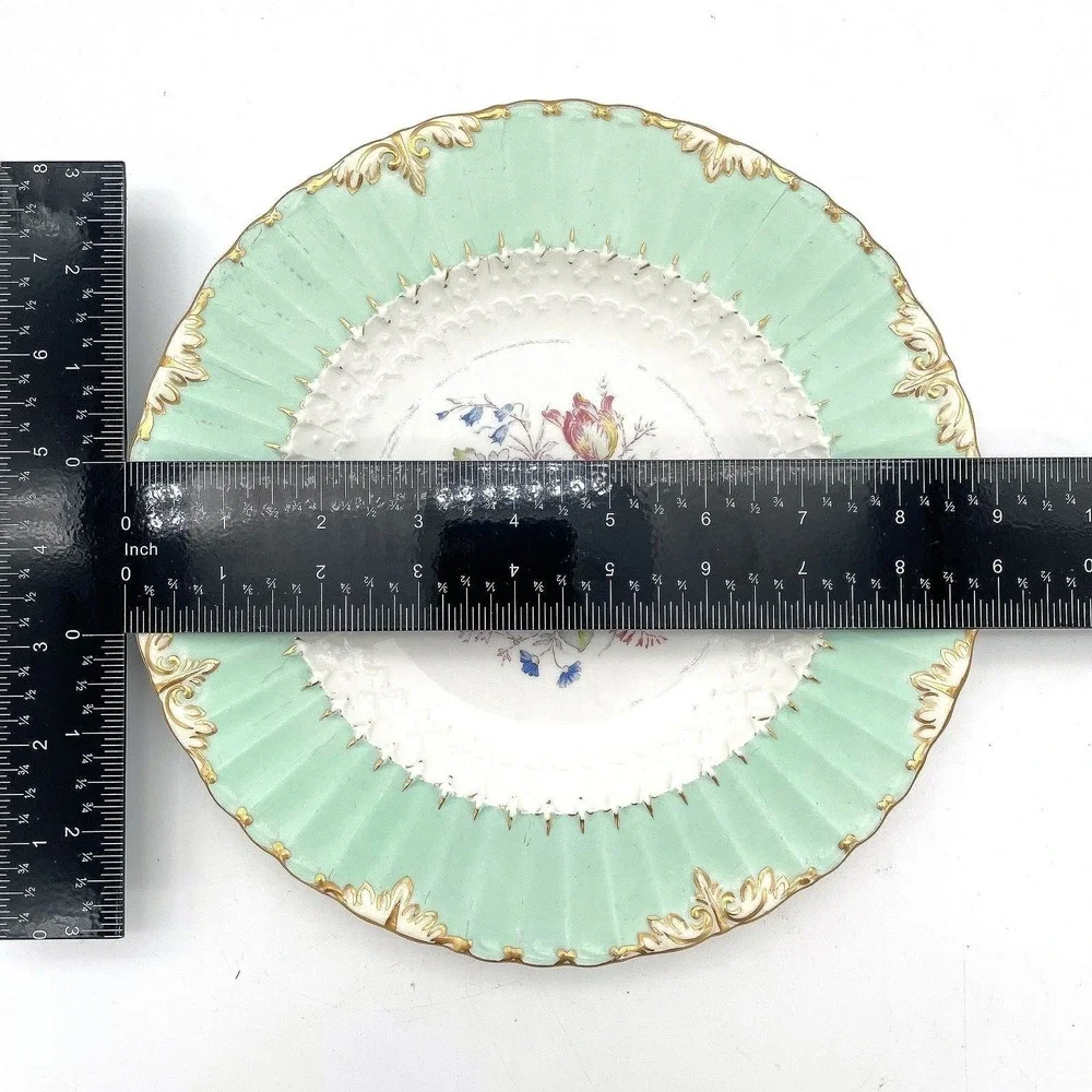 Royal Crown Derby E. Ellis Hand Painted Floral Cabinet Plates Set 2 Green Gilt